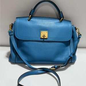 MCM Sky Blue Satchel with Gold Accents